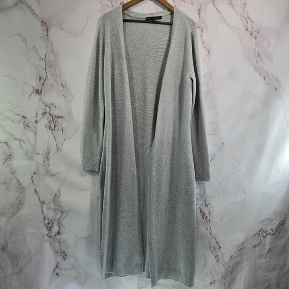 White House Black Market Cardigan Womens Large Gray Long Duster Maxi Slits - Picture 11 of 16